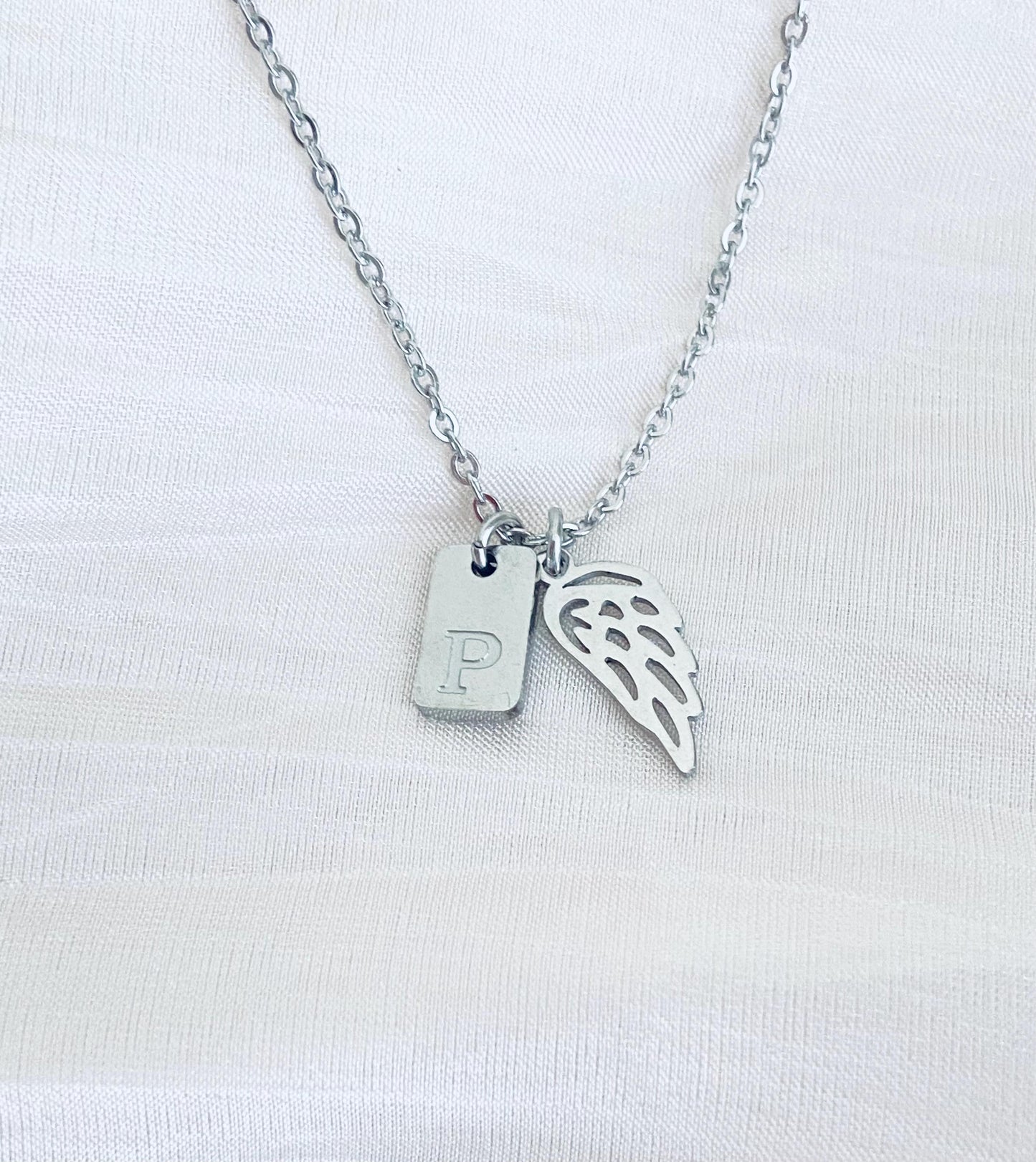 Personalized Angel Wing Necklace with Initial Tag • Stainless Steel or Gold Custom Charm Necklace