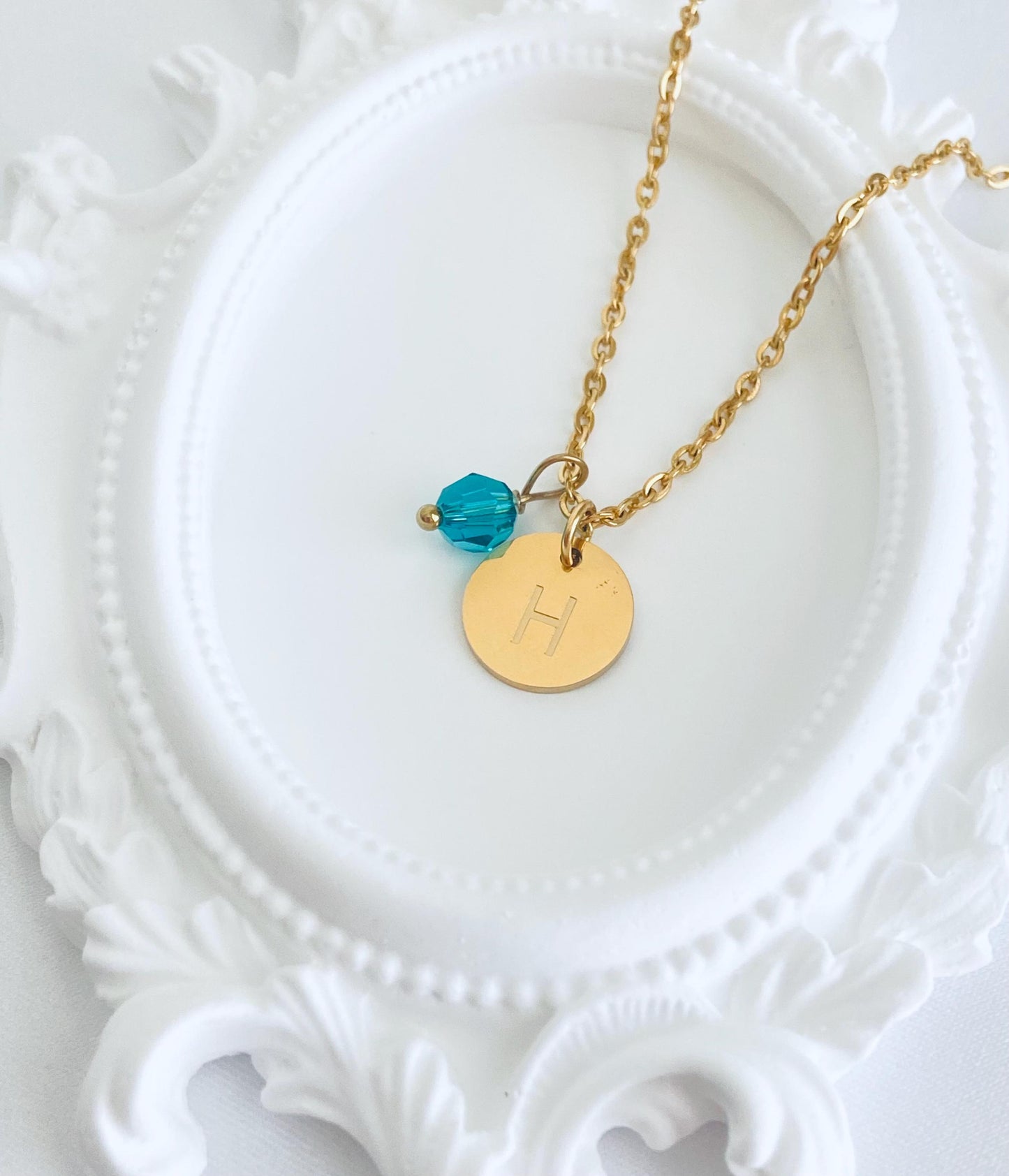 Stainless Steel Gold Initial Necklace with Swarovski Birthstone • Personalized Letter Pendant Necklaceold