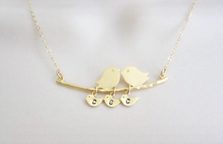 Personalized Love Birds Branch Necklace with Baby Charms • Custom Family Bird Jewelry