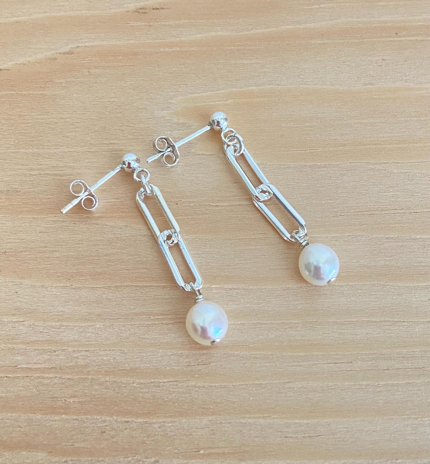 Sterling Silver Paperclip Dangle Earrings • Minimalist Earrings with Plain Link or Freshwater Pearl