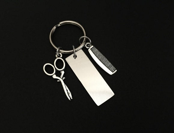Personalized Hair Stylist Keychain with Comb and Scissor Charm • Engraved Gift for Hairdresser, Barber or Cosmetologist