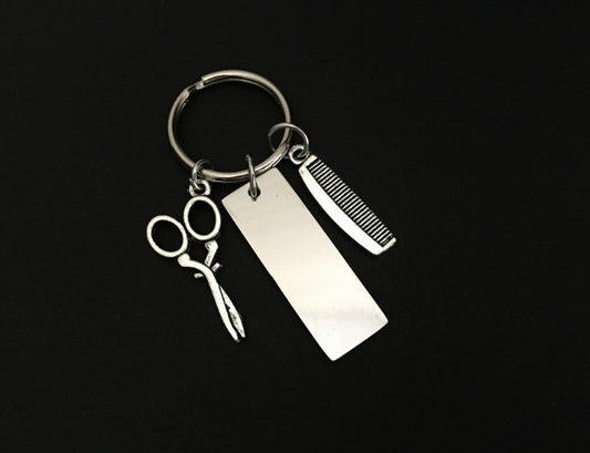 Personalized Hair Stylist Keychain with Comb and Scissor Charm • Engraved Gift for Hairdresser, Barber or Cosmetologist
