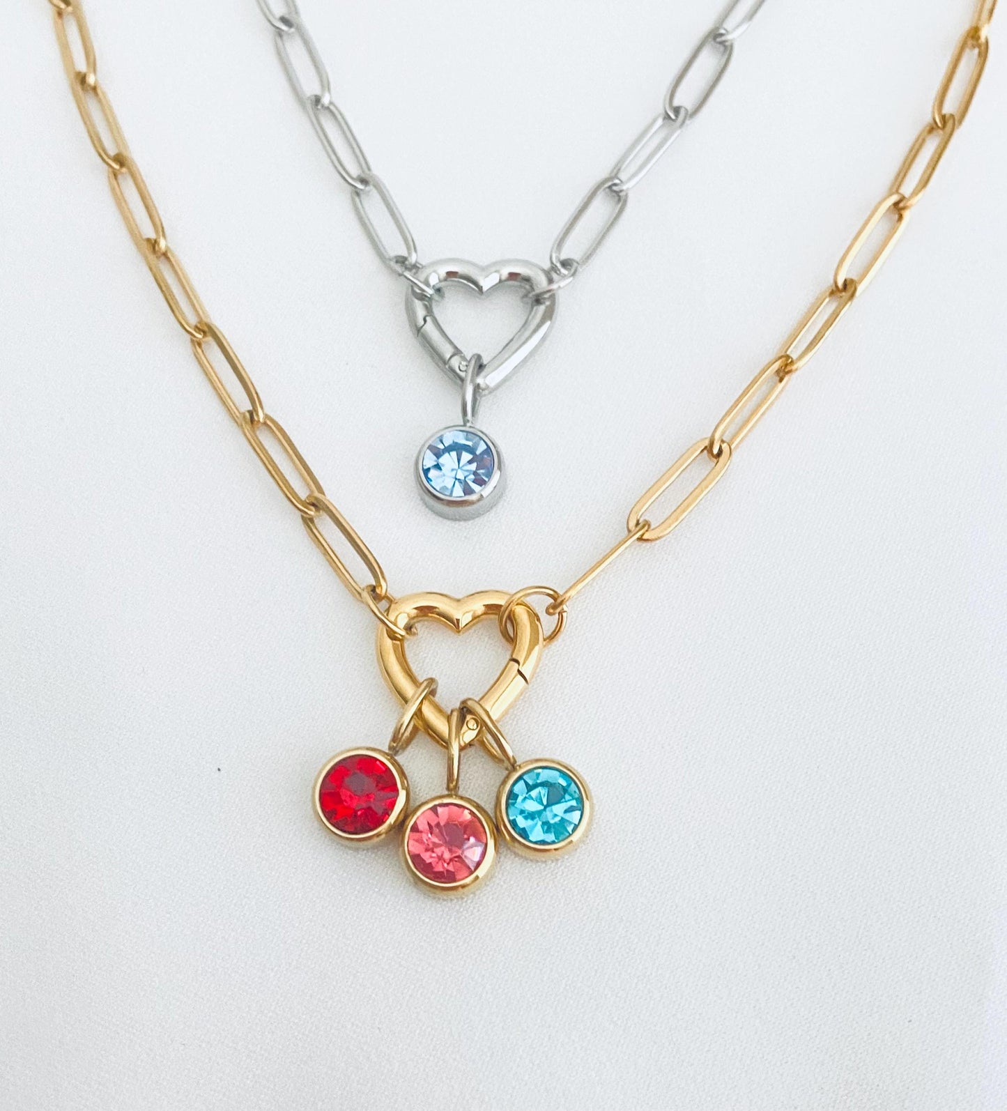 Personalized Birthstone Necklace with Heart Charm Holder • Custom Family Birthstone Necklace