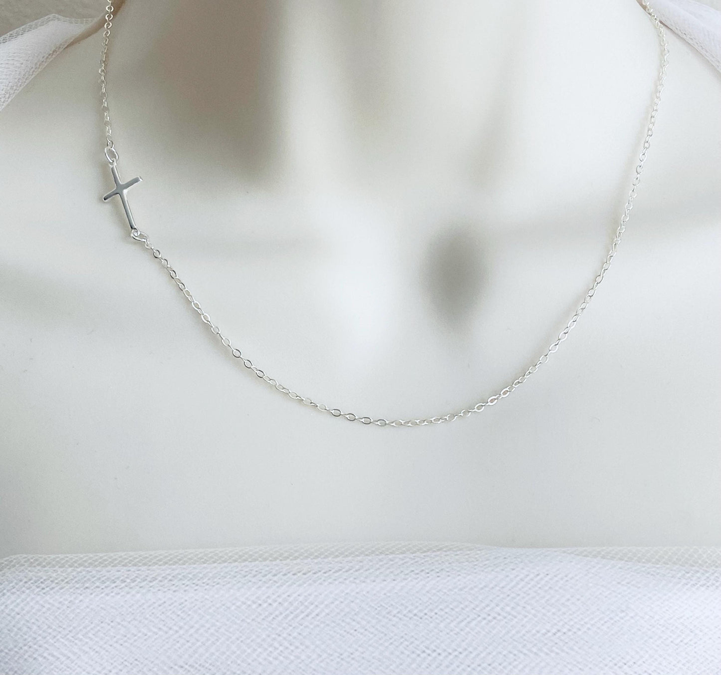 Sterling Silver Slim Sideways Cross Pendant Necklace • Minimalist Faith Necklace