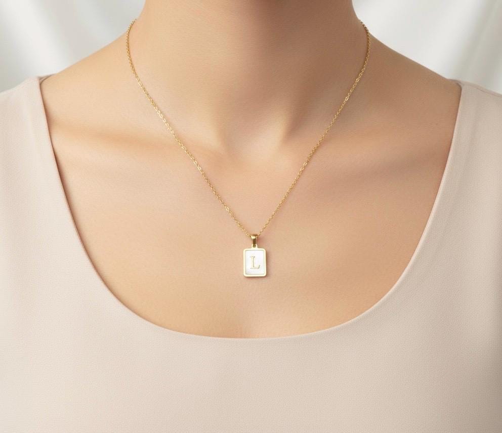 Personalized Gold Rectangular Shell Initial Necklace • Gold Over Stainless Steel Jewelry
