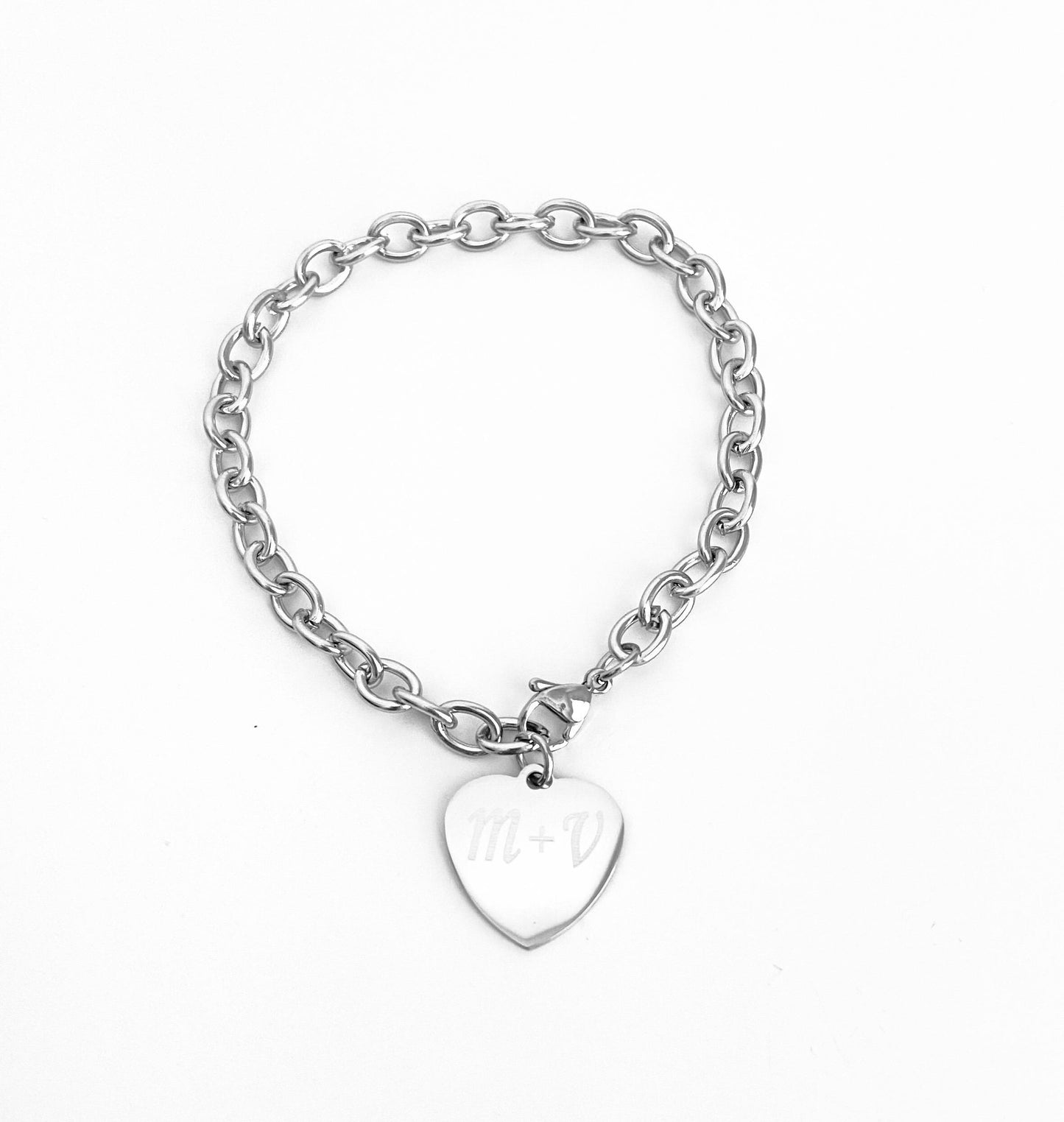 Stainless Steel Chain Bracelet with Personalized Heart Charm • Custom Engraved Bracelet