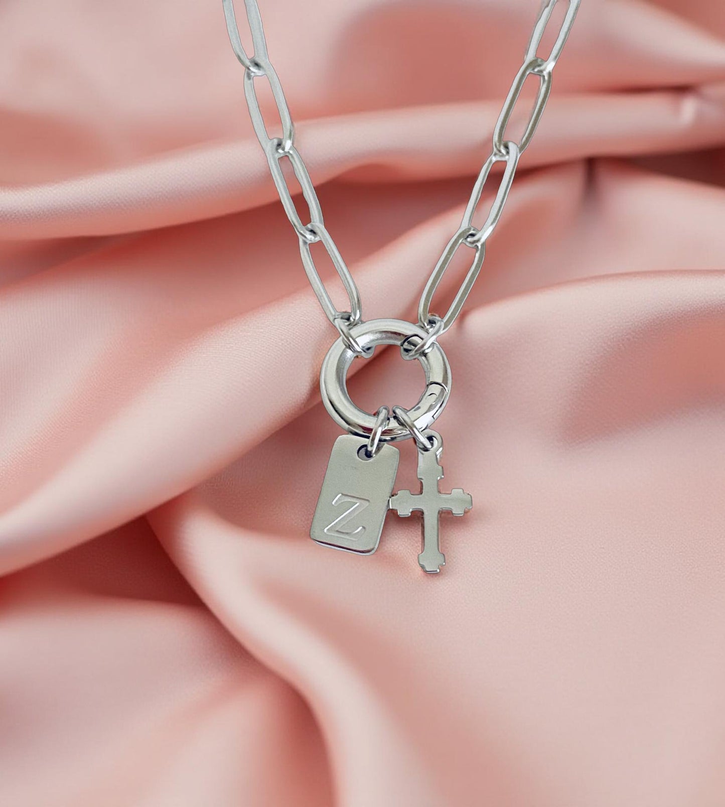 Personalized Paperclip Chain Necklace with Cross & Initial Charm • Stainless Steel or Gold