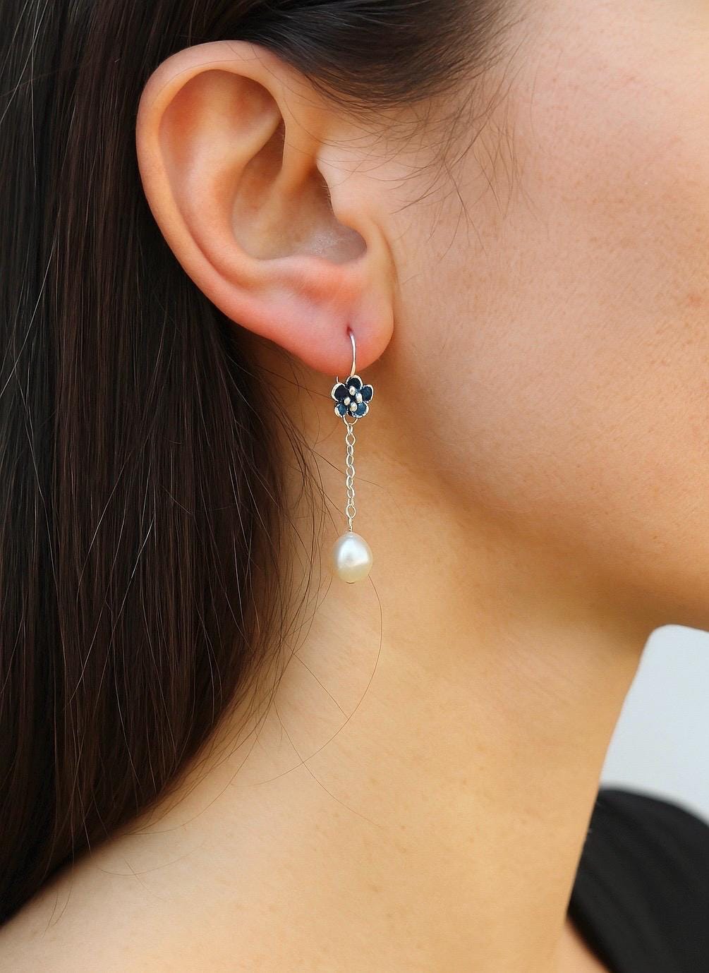 Sterling Silver Dangle Pearl Earrings with Vintage Flower Ear Hook