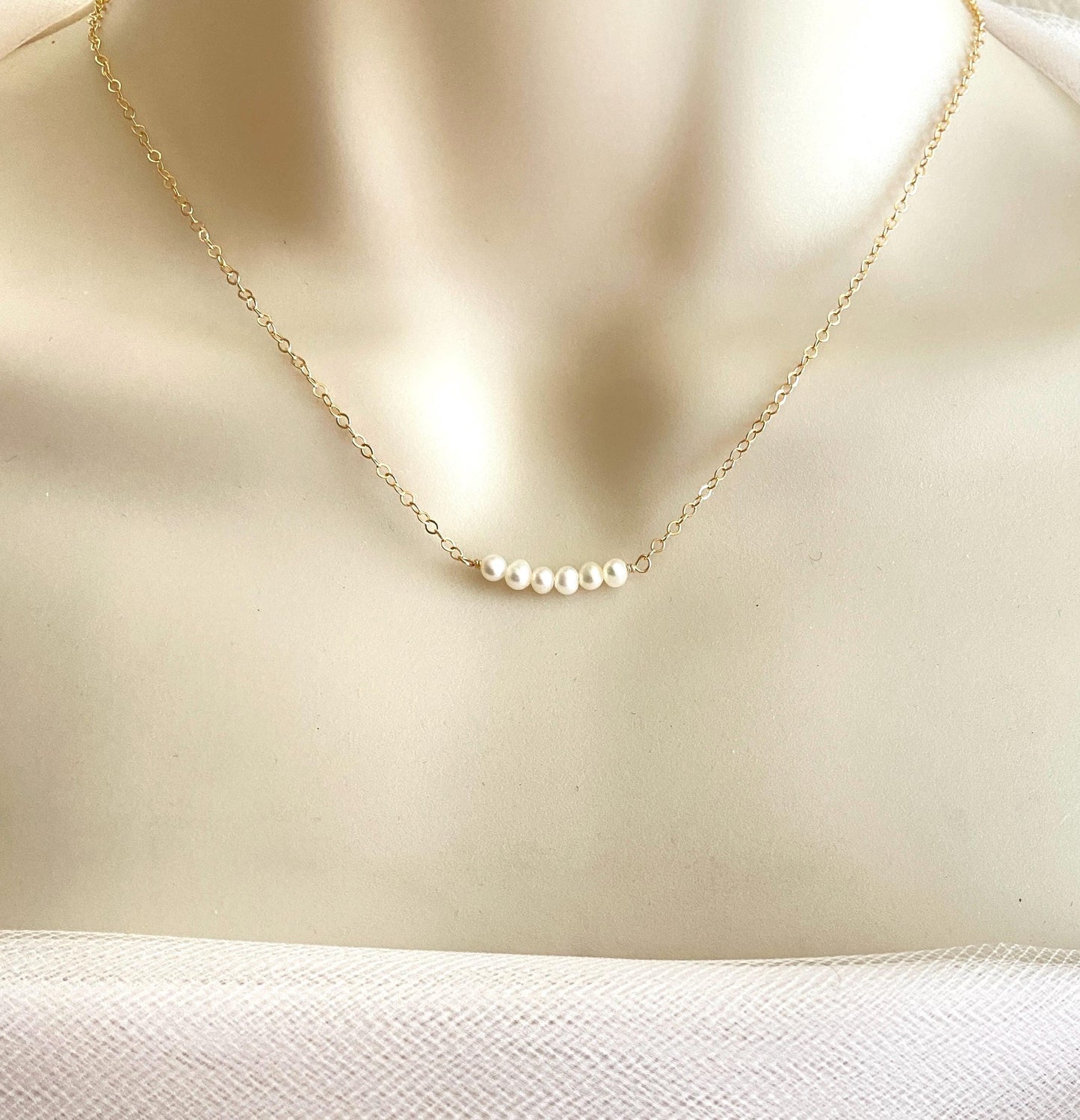 TINY White Pearl Bar Necklace in Sterling Silver. Gold Filled
