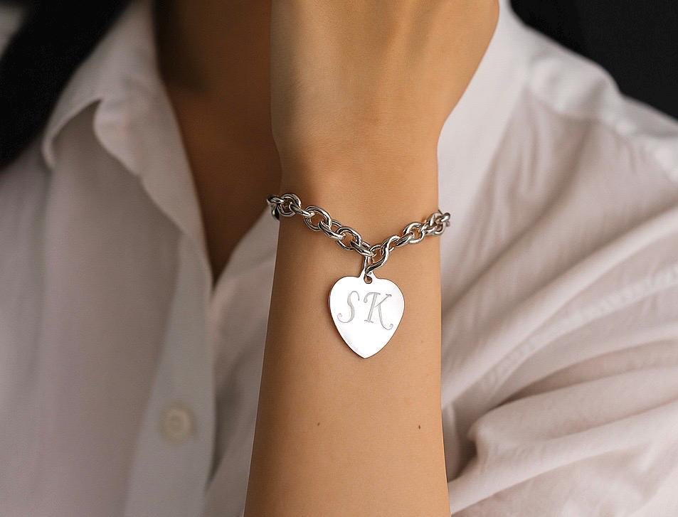 Stainless Steel Chain Bracelet with Personalized Heart Charm • Custom Engraved Bracelet
