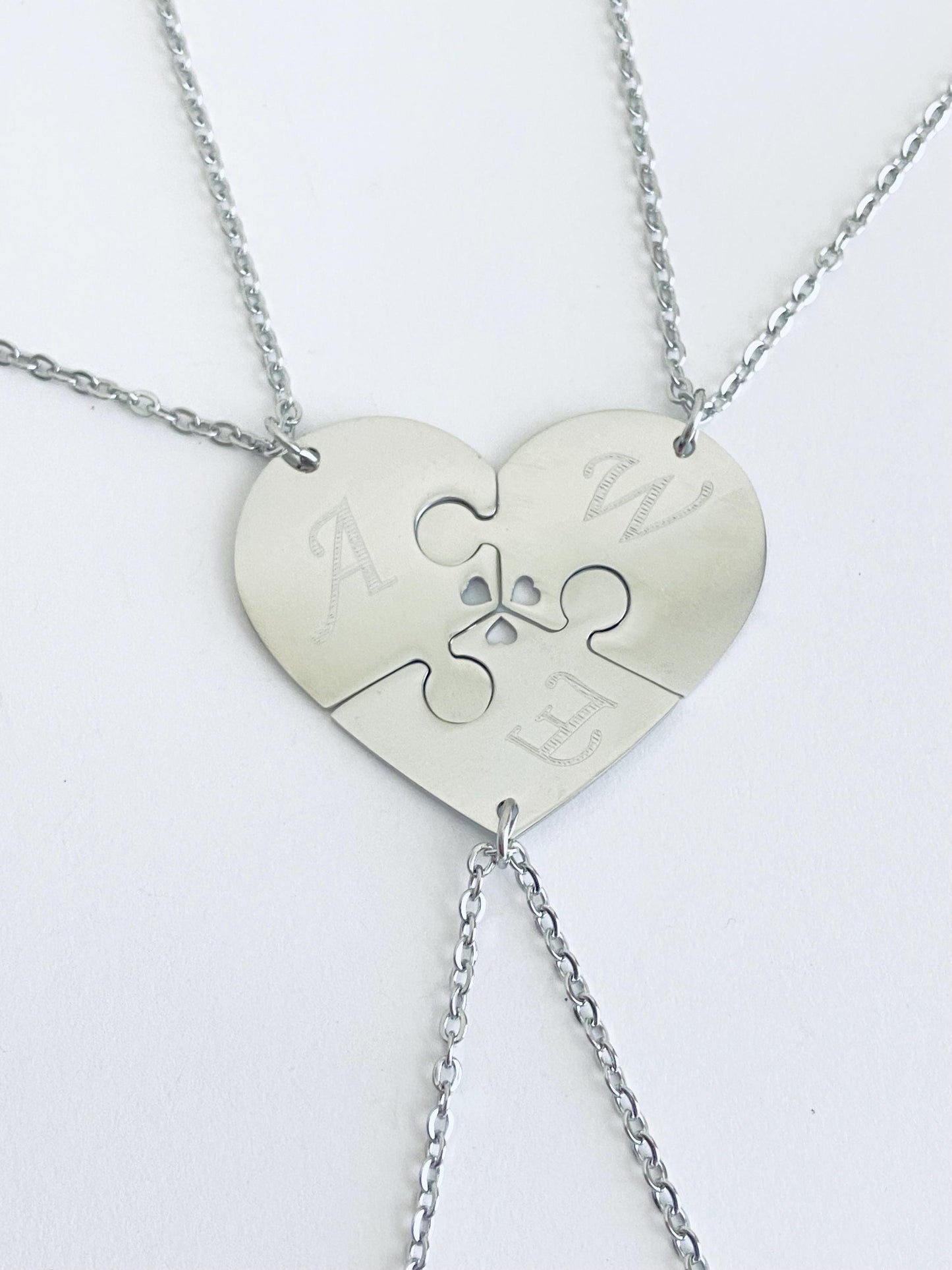 Personalized Stainless Steel 3-Piece Heart Puzzle Necklace Set with Tiny Heart Cutout •  Custom Engraved Matching Necklaces