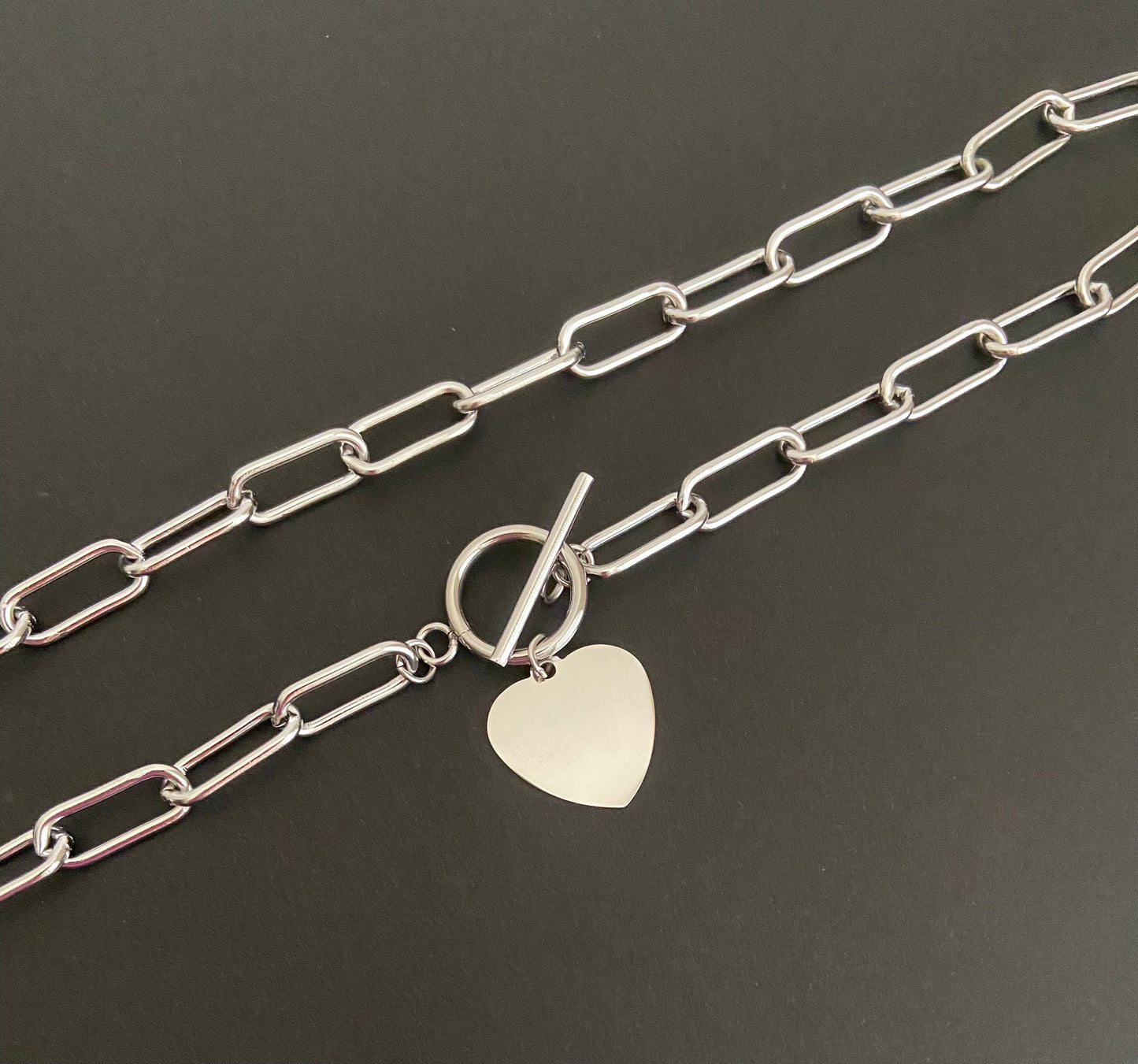 Personalized Chunky Paperclip Chain Necklace with Heart Charm • Custom Engraved Statement Necklace