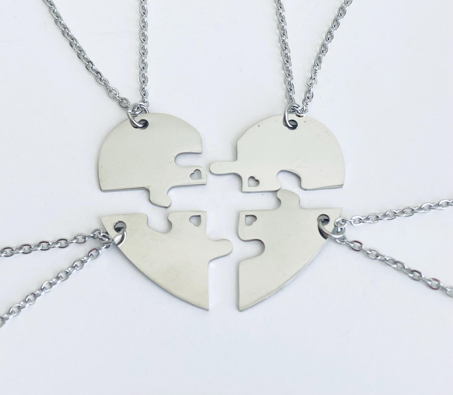 Personalized Stainless Steel 4-Piece Puzzle Necklace Set with Tiny Heart Cutout • Custom Engraved Matching Necklaces