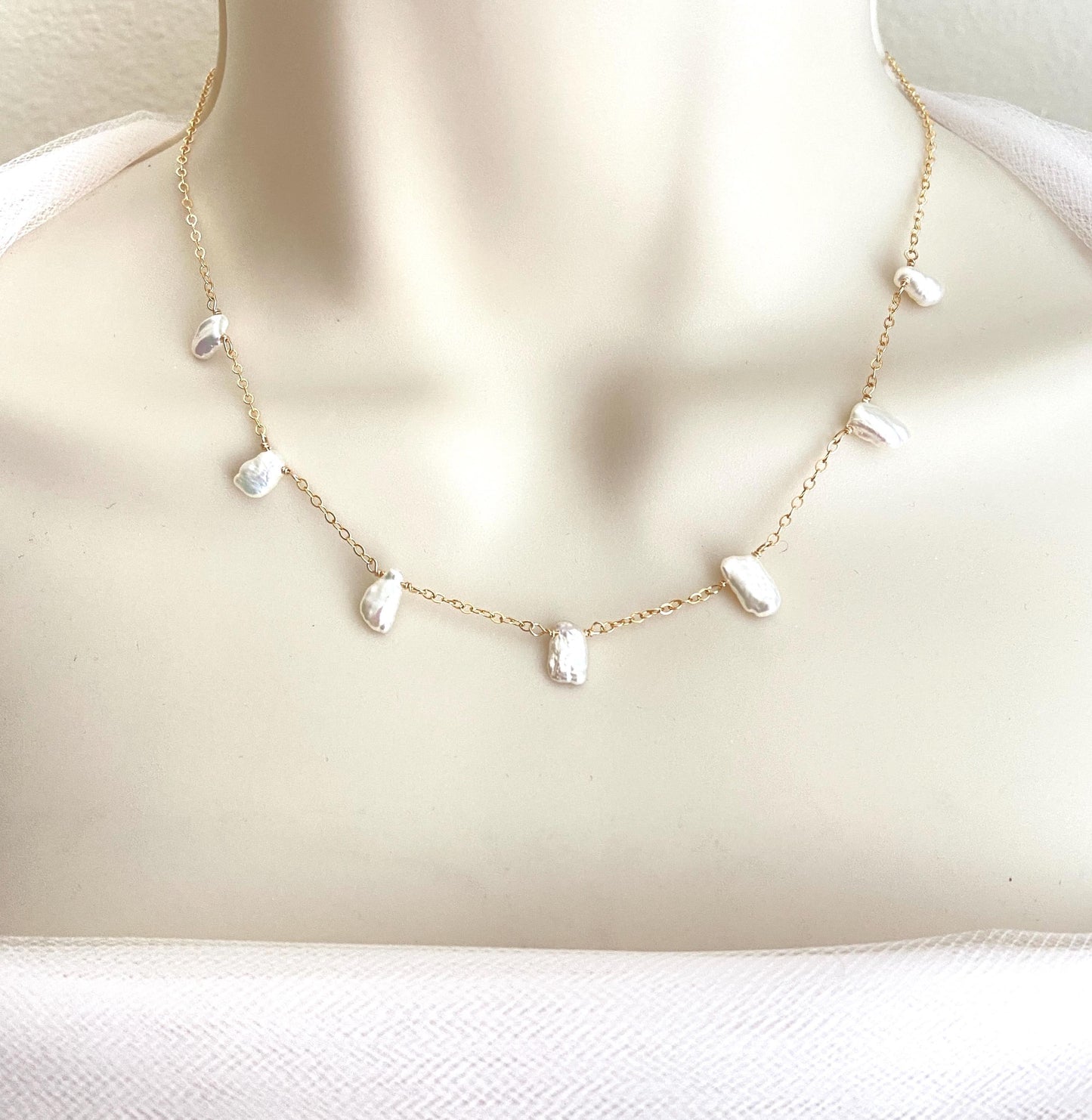 Delicate White Freshwater Keshi Pearl Necklace • Sterling Silver, Gold Filled or Rose Gold