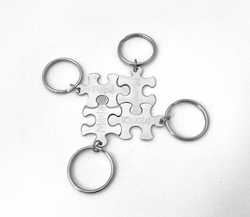 Personalized Stainless Steel Puzzle Key Chain • Custom Engraved Interlocking Puzzle Keepsake