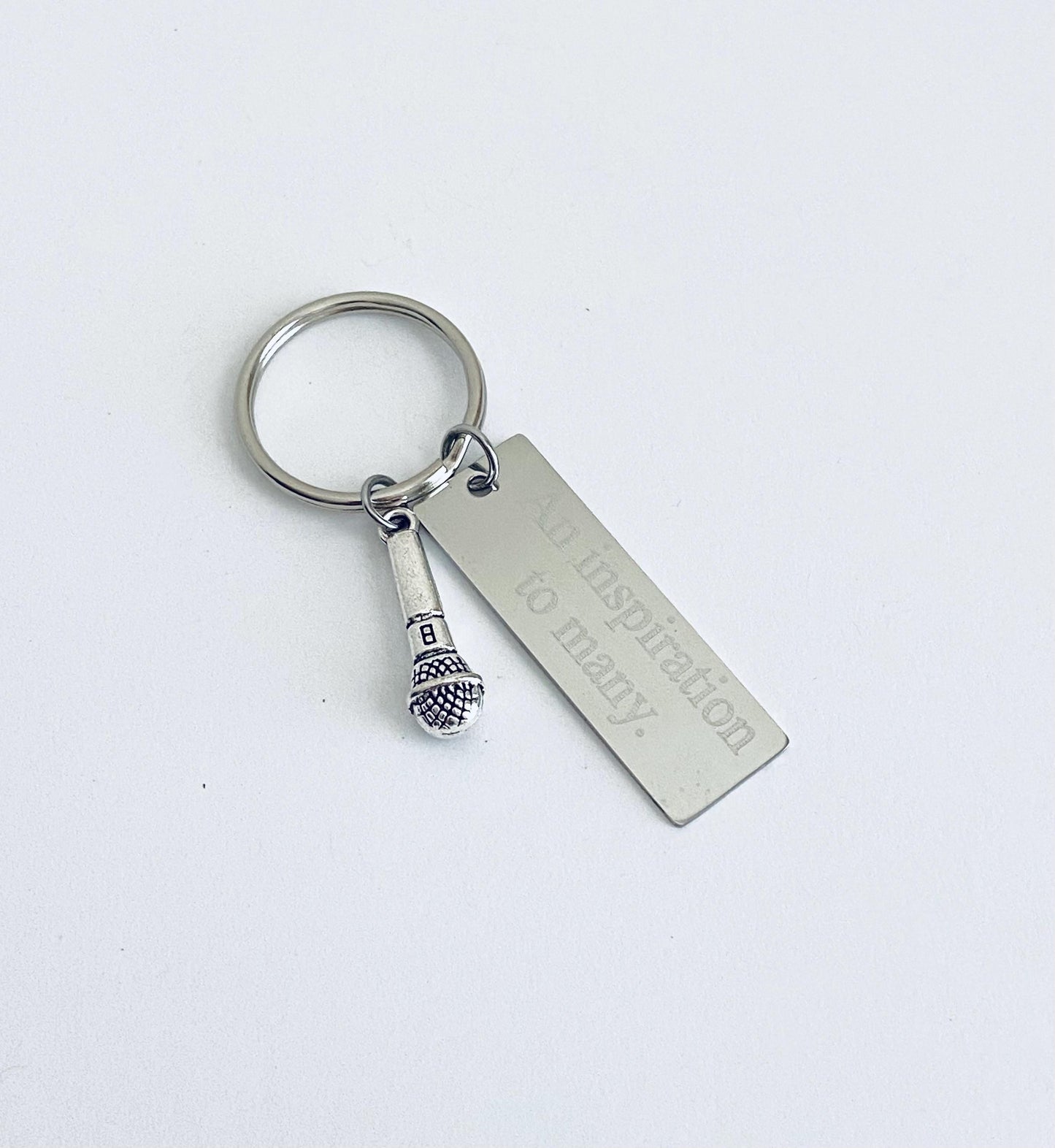 Personalized Key Chain with Microphone Charm • Custom Engraved Stainless Steel Keychain