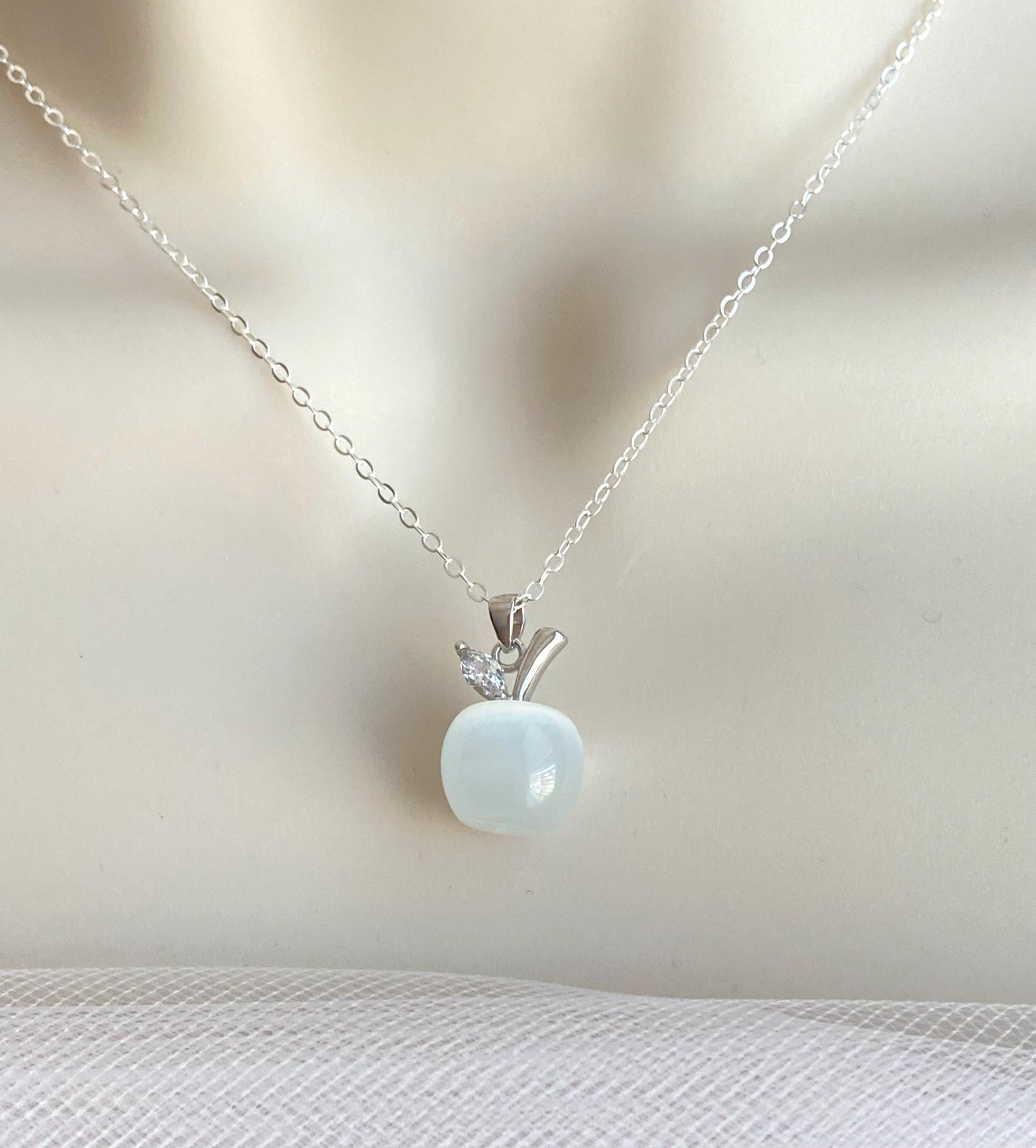 Sterling Silver Necklace with Cat’s Eye Apple Charm • 925 Silver Fruit Pendant Necklace