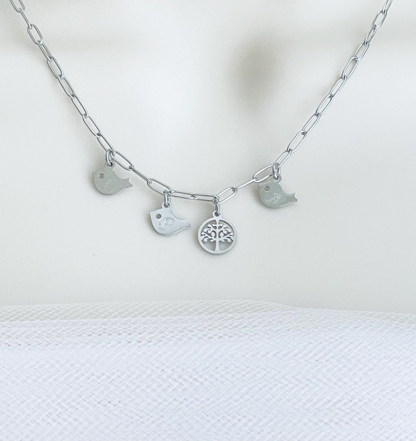 Stainless Steel Family Tree Pendant Necklace with Baby Bird Charms • Personalized Mother Necklace
