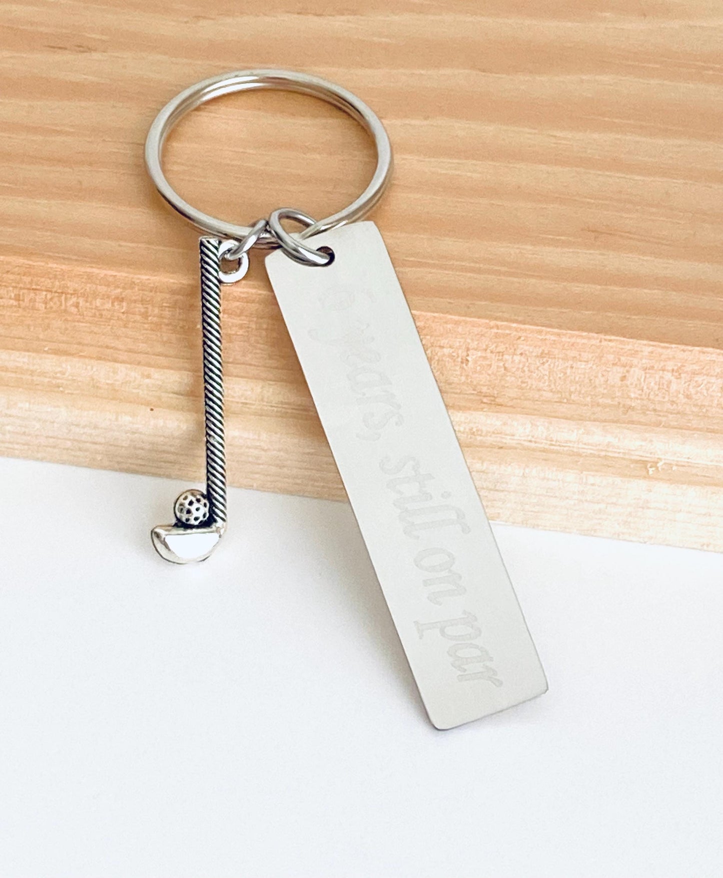Personalized Stainless Steel Tag Key Chain with Golf Club Charm • Custom Engraved Golf Gift