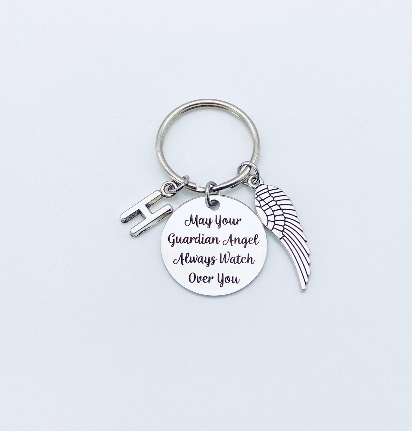 May Your Guardian Angel Always Watch Over You Key Chain with Initial and Angel Wing • Personalized Memorial Angel Keychain