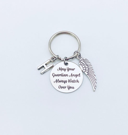 May Your Guardian Angel Always Watch Over You Key Chain with Initial and Angel Wing • Personalized Memorial Angel Keychain