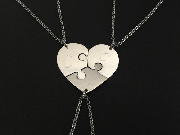 Personalized Stainless Steel 3-Piece Heart Puzzle Necklace Set • Custom Engraved Matching Heart Necklaces