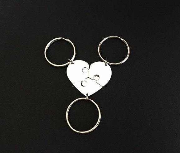 Personalized 3-Piece Heart Puzzle Keychain Set • Custom Engraved Matching Key Chains for Family & Friends