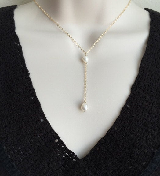 Dangle Y Pearl Pendant Necklace • Sterling Silver or Gold Filled