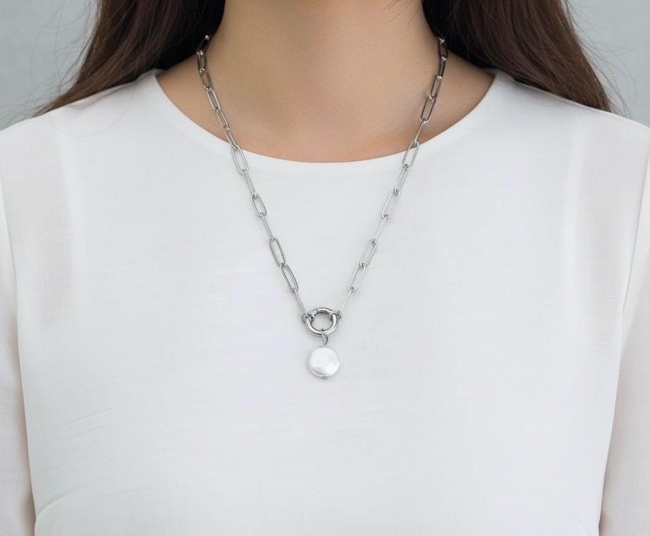 Large Paperclip Chain Necklace with White Freshwater Teardrop Pearl Pendant – Stainless Steel or Gold