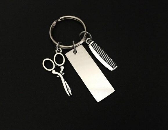 Personalized Hair Stylist Keychain with Comb and Scissor Charm • Engraved Gift for Hairdresser, Barber or Cosmetologist