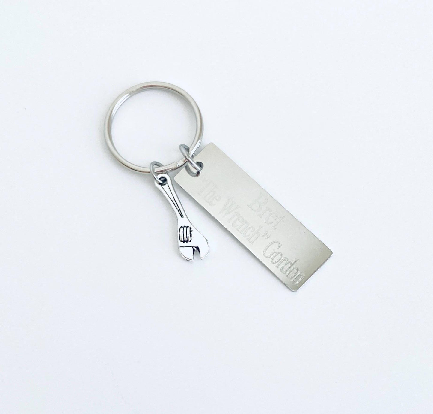 Personalized Key Chain with Wrench Charm • Custom Engraved Stainless Steel Tag Keychain