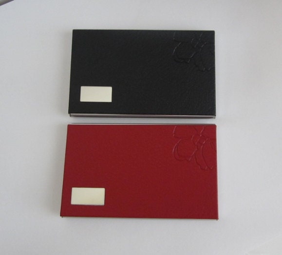Personalized Faux Leather Business Card Holder with Floral Print • Custom Engraved Leatherette Card Case for Women