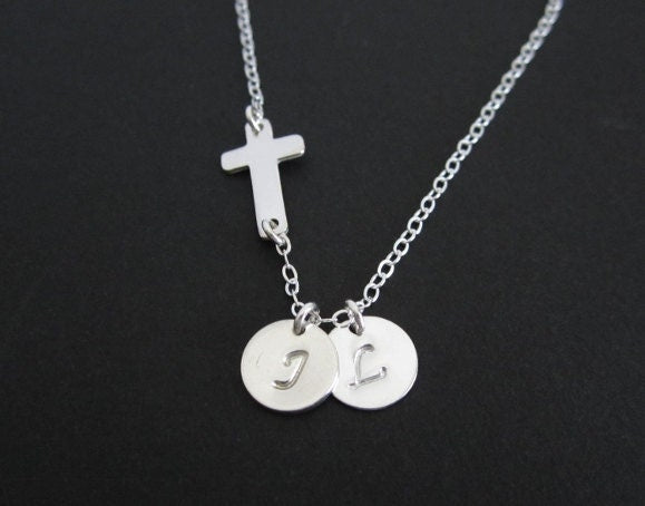 Personalized Cross Necklace with Hand Stamped Initial Charm • Custom Faith Necklace