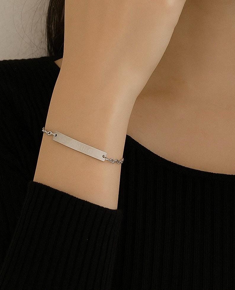 Personalized Stainless Steel Long Bar Bracelet • Custom Engraved Name Bracelet for Women