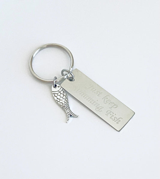 Personalized Stainless Steel Tag with Fish Charm Key Chain • Custom Engraved Fishing Gift
