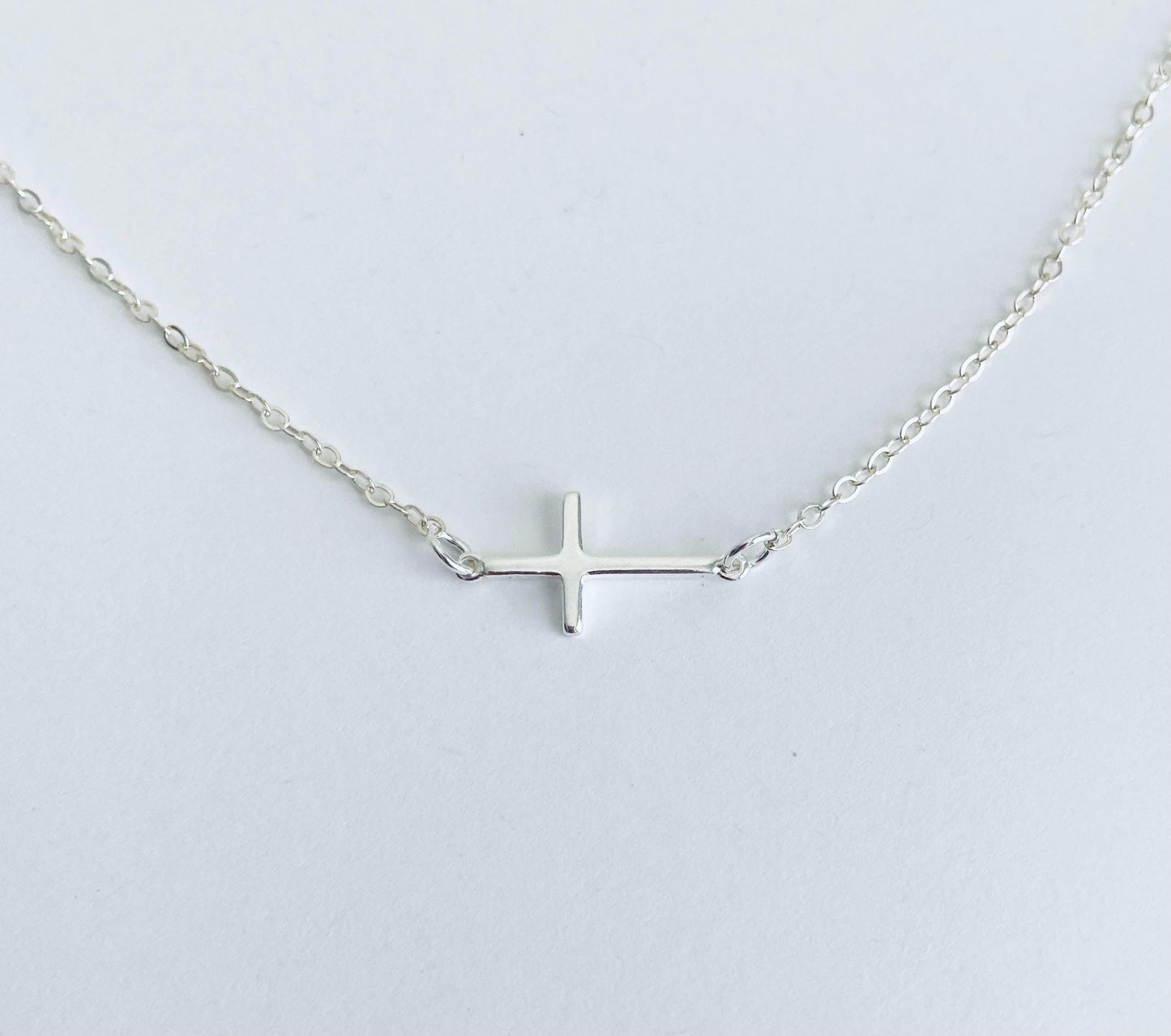 Sterling Silver Slim Sideways Cross Pendant Necklace • Minimalist Faith Necklace