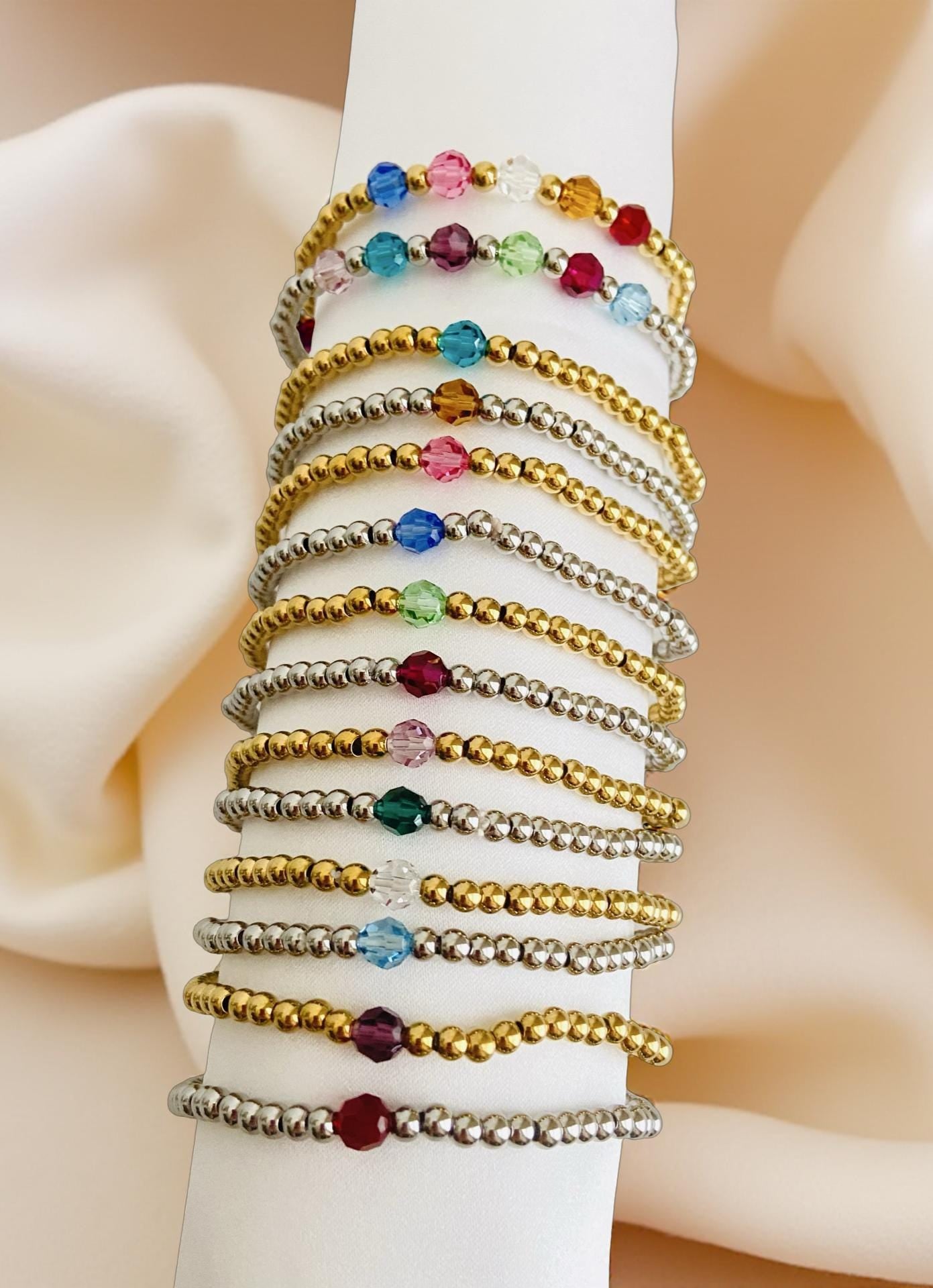Stainless Steel Beaded Stretch Bracelet with Swarovski Crystal Birthstones