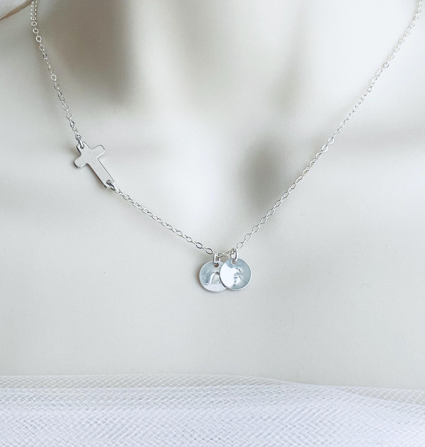 Personalized Cross Necklace with Hand Stamped Initial Charm • Custom Faith Necklace