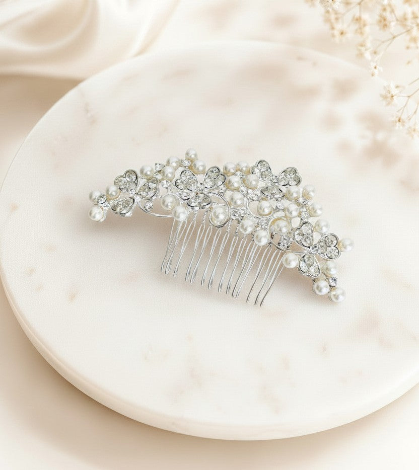 Elegant Glass Pearl and Rhinestone Hair Comb • Bridal Wedding Hair Accessory for Bride and Bridesmaids