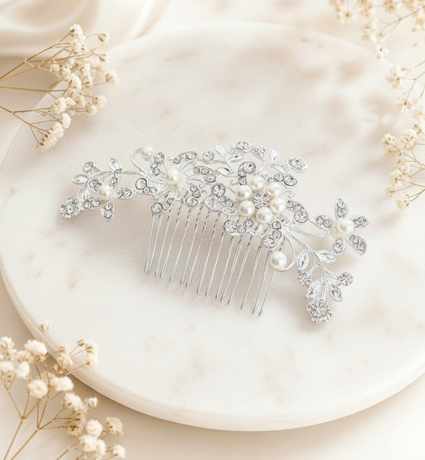 Rhinestone and Glass Pearl Floral Hair Comb • Bridal Wedding Hair Accessory for Bride & Bridesmaids