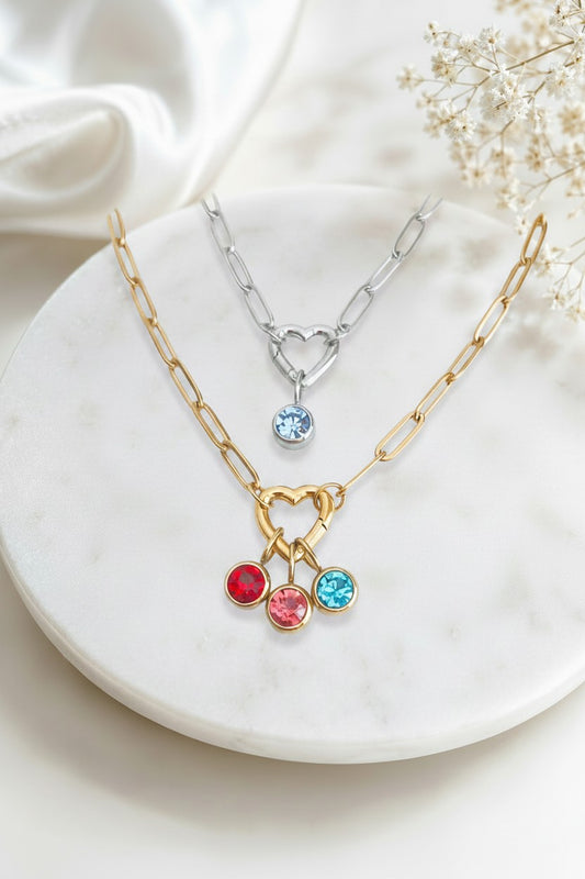 Personalized Birthstone Necklace with Heart Charm Holder • Stainless Steel & Gold over Stainless Steel