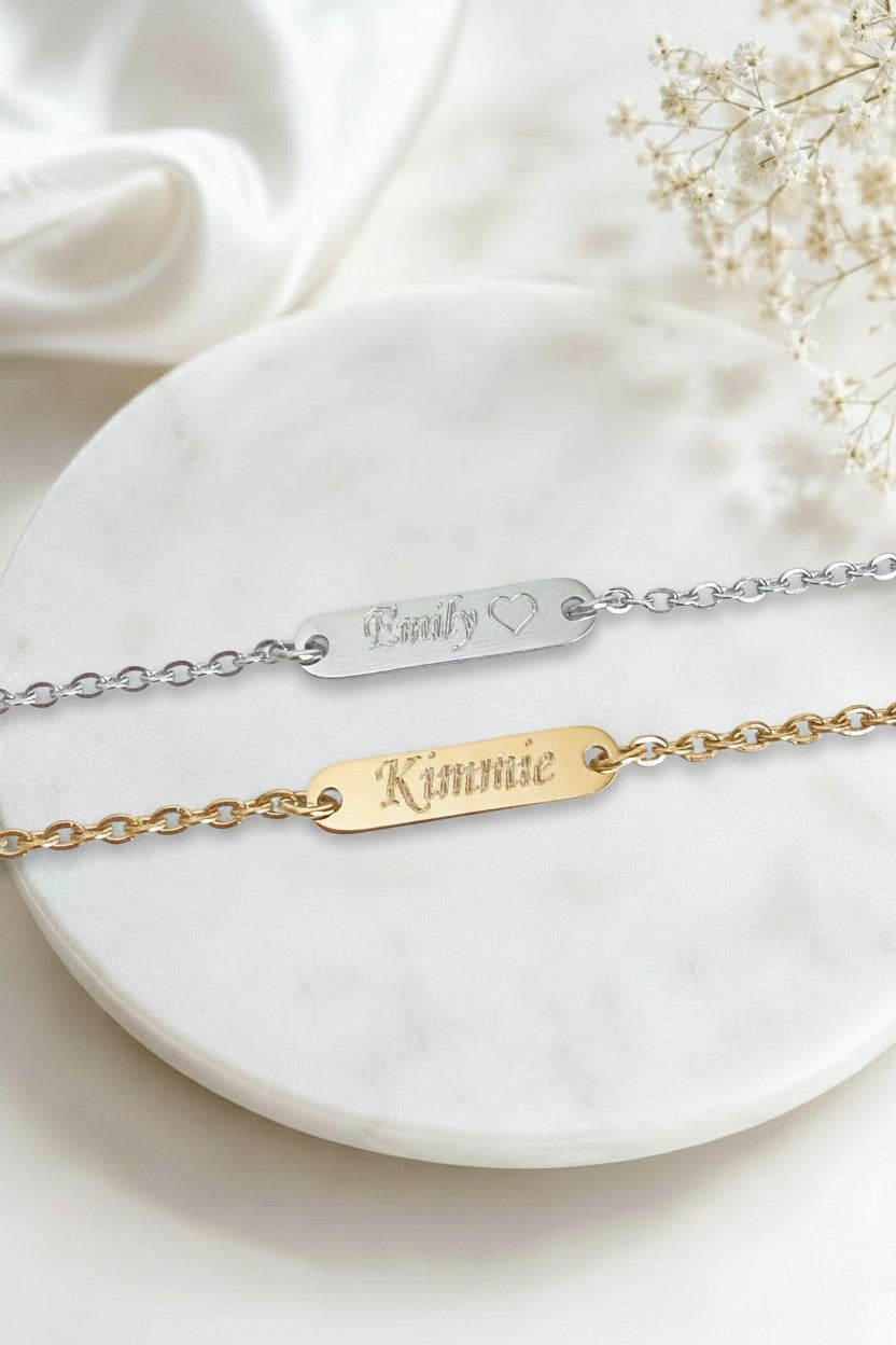 Personalized Mini Bar Necklace • Stainless Steel & Gold over Stainless Steel
