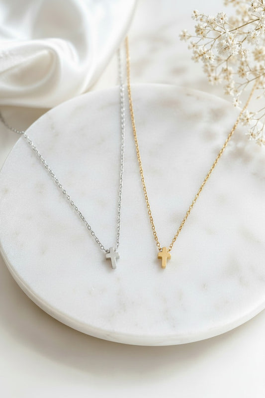 Tiny Cross Charm Necklace • Stainless Steel & Gold over Stainless Steel