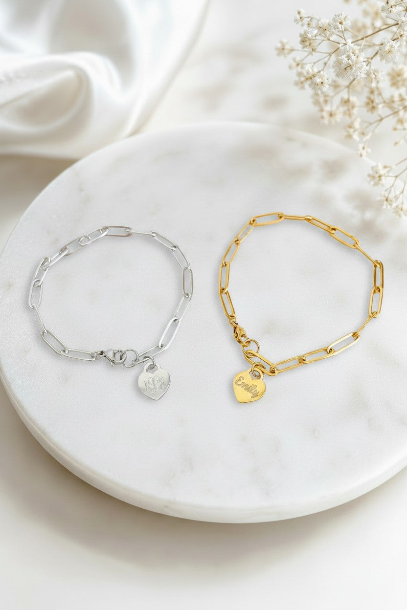 Personalized Paperclip Chain Bracelet with Heart Charm • Stainless Steel or Gold