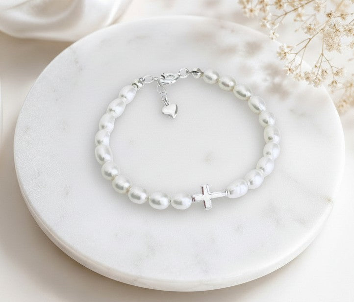 Sterling Silver Cross Bracelet with White Freshwater Pearls