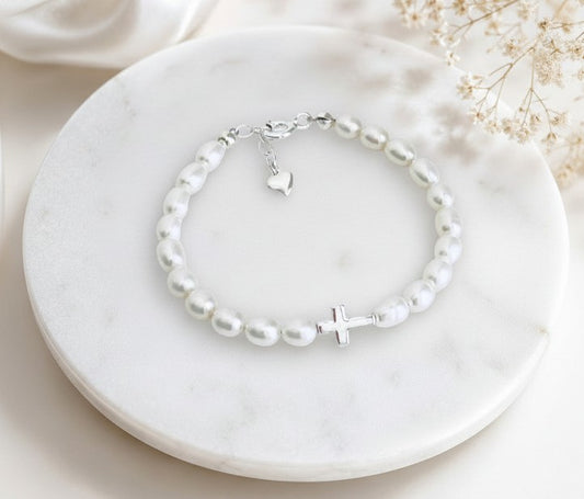 Sterling Silver Cross Bracelet with White Freshwater Pearls