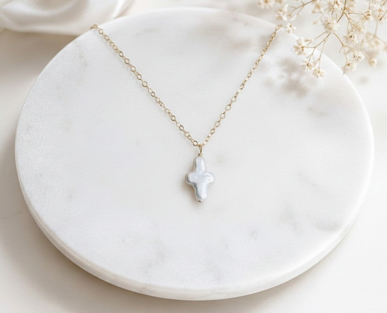 White Freshwater Pearl Cross Pendant Necklace • Sterling Silver & Gold Filled