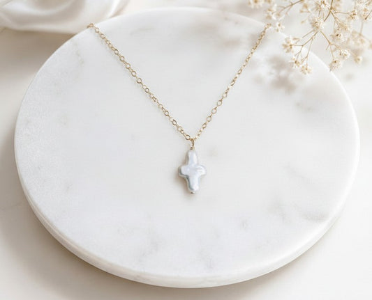 White Freshwater Pearl Cross Pendant Necklace • Sterling Silver & Gold Filled