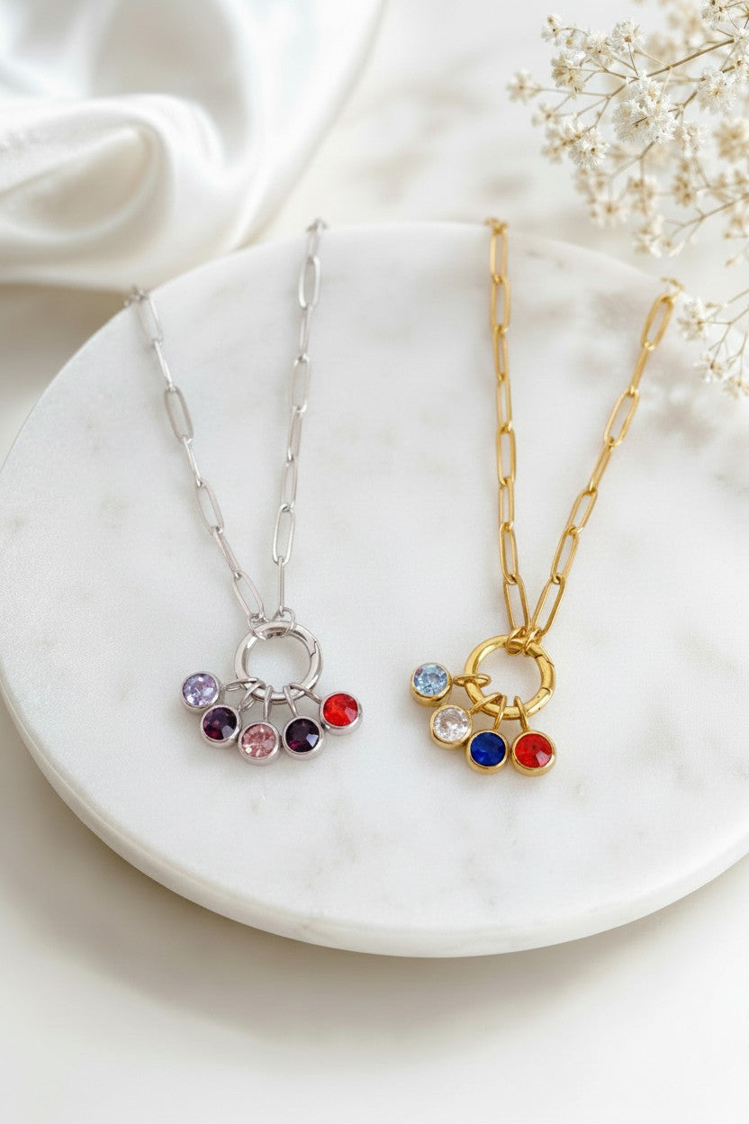 Personalized Family Birthstone Necklace • Stainless Steel, Gold over Stainless Steel