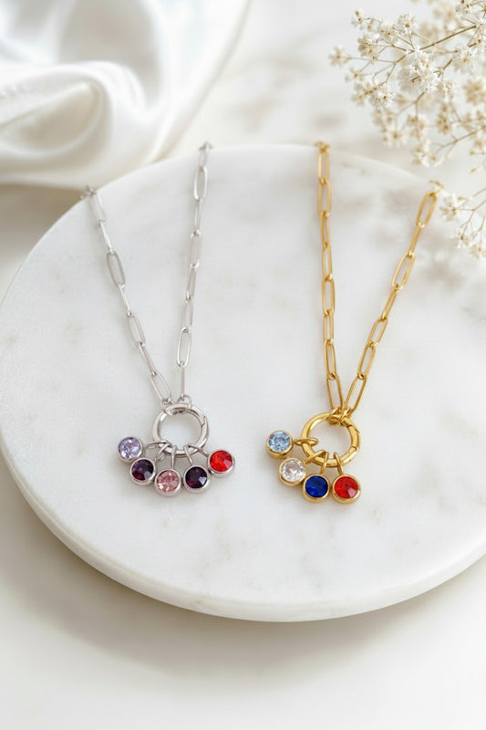 Personalized Family Birthstone Necklace • Stainless Steel, Gold over Stainless Steel
